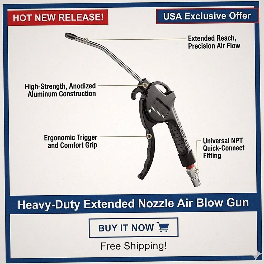 High Flow Air Blow Gun w/ Angled Bent Nozzle for Compressor Cleaning Tool